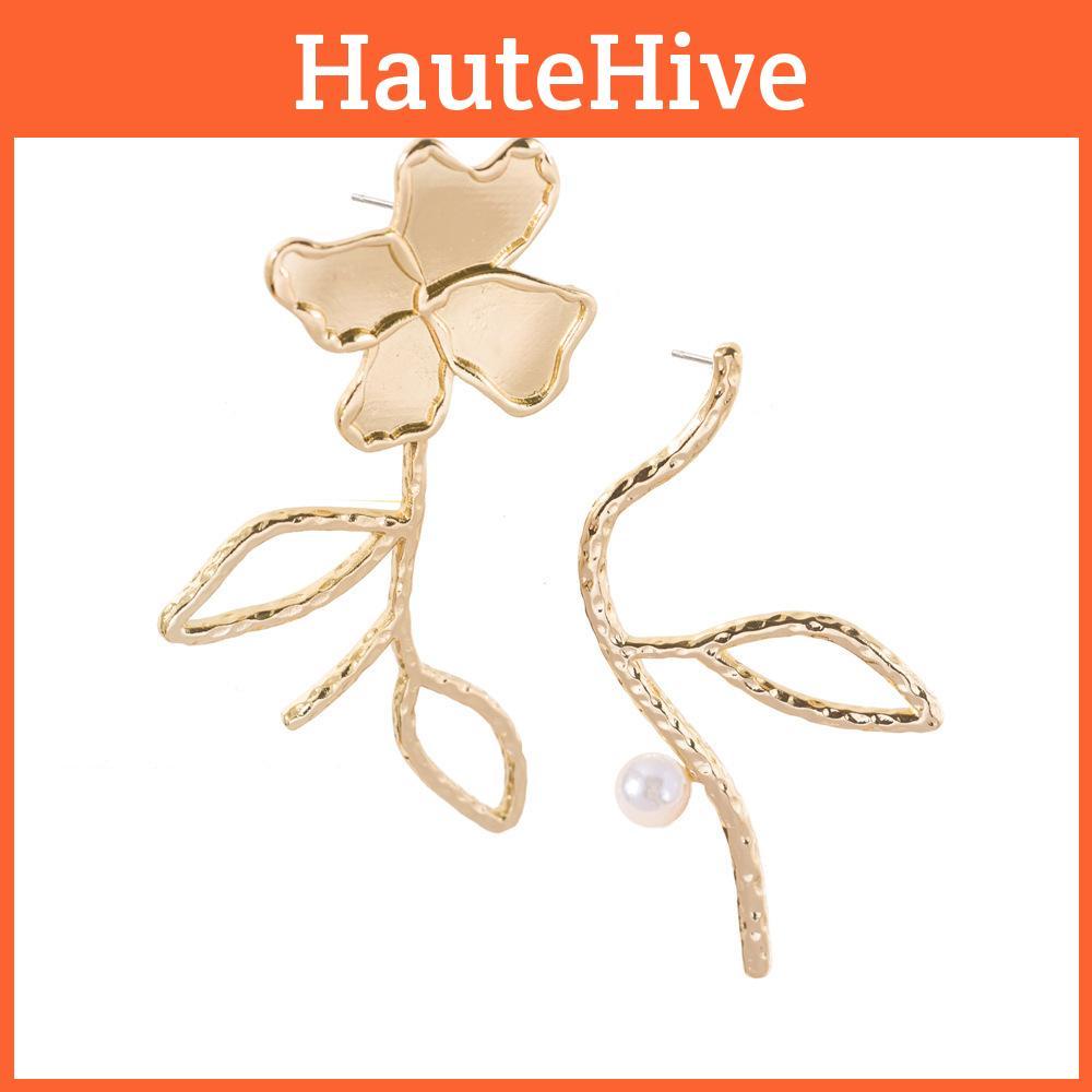 Stylish Gold And Silver Asymmetric Floral Pearl Earrings For Trendy Women
