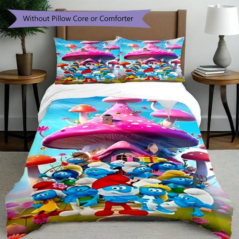 3pcs Duvet Cover Set (1*Duvet Cover + 2*Pillowcase, Without Core), Blue Smurfs Print Bedding Set, Bedroom Decor, All‑Season, Birthday Gift