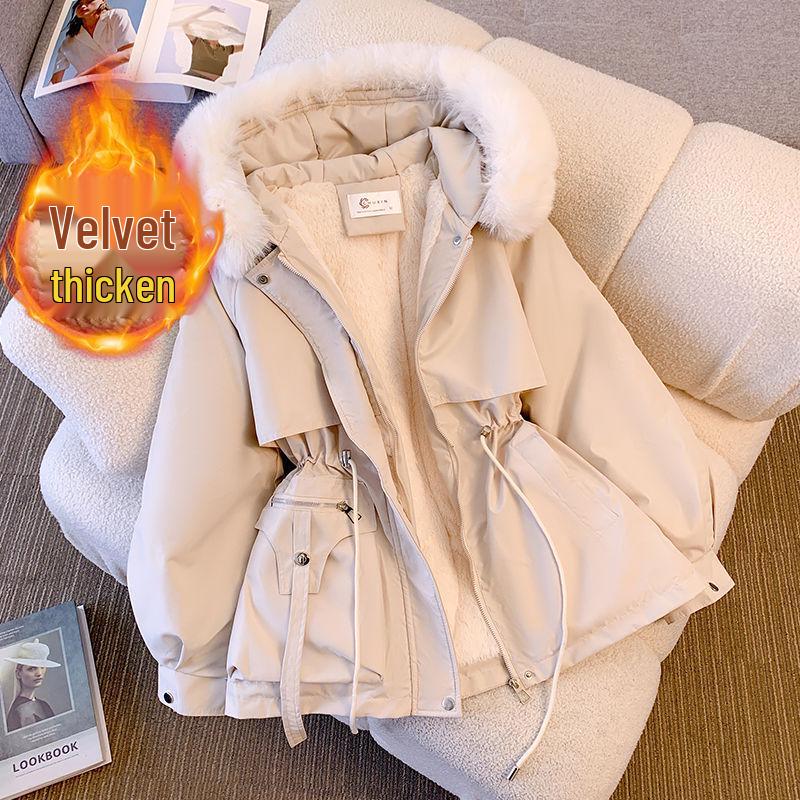 Women's Mid-Length Winter Cotton Coat with Genuine Fur Collar and Thick Velvet Padding