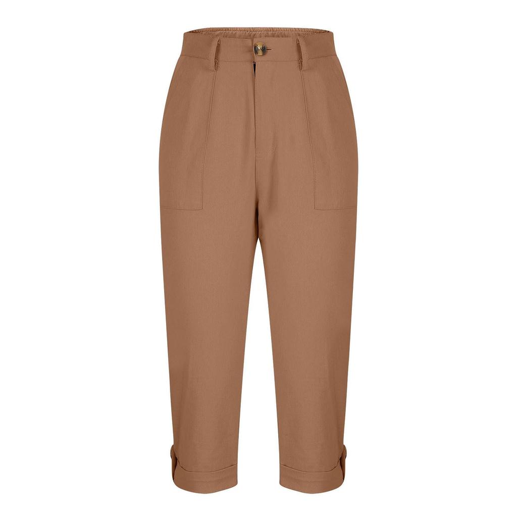Women Casual Capri Pants High Waisted Rolled Cuff Ankle Pants Solid Color Pocket Detail Loose Fit Trousers