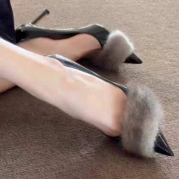Pointed Autumn and Winter Sexy Professional Single Shoes Black Fluffy Temperament Thin Temperament High Heels Thin Heel Versatile
