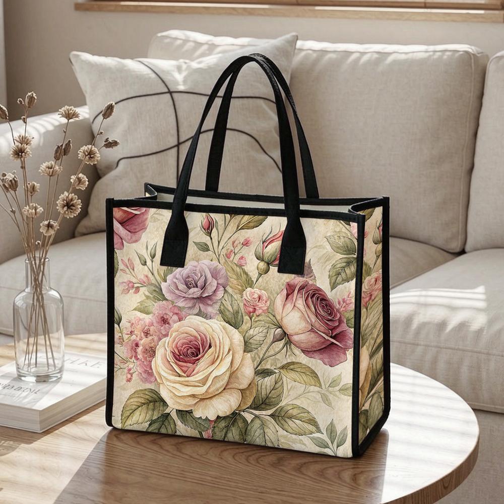 Vintage Rose Print Tote Bag for Women Casual Daily Use Fashion Large Capacity Handbag for Shopping Travel Work