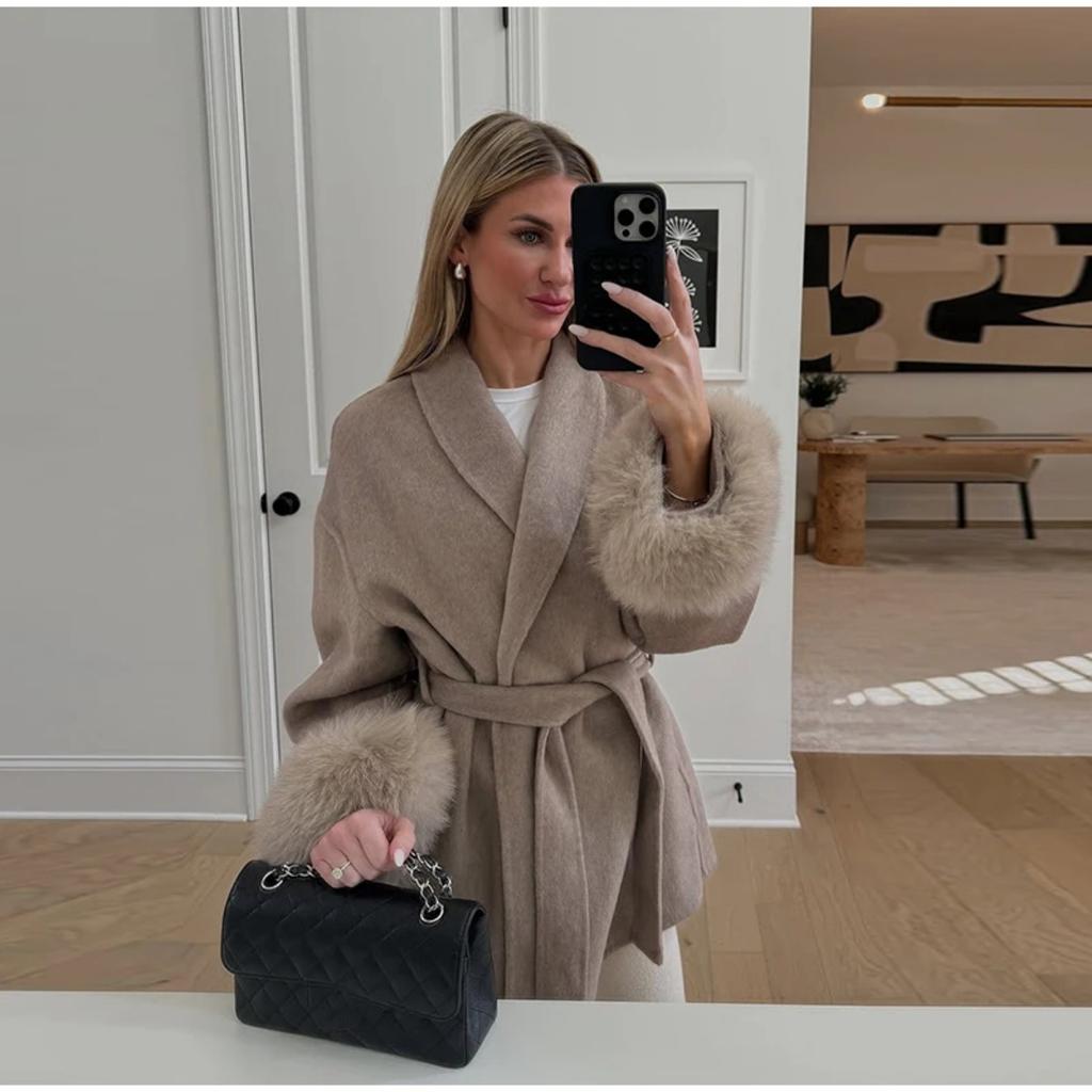 VAYLA Chic Lapel Plush Coat With Belt Women Vintage Solid Faux Fur Sleeve Tweed Open Coats Female Autumn Casual Street Outwear
