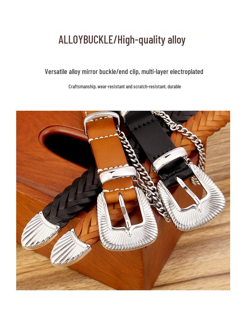 Women's Genuine Leather Woven Belt - Handmade, Punch-Free, Pin Buckle, Decorative Cowhide, In Stock