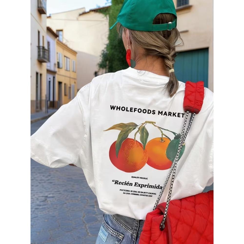 Vintage Orange Letter Print T-Shirt Women's Summer Oversized Tee Fruit Graphic Soft Comfortable Shirt