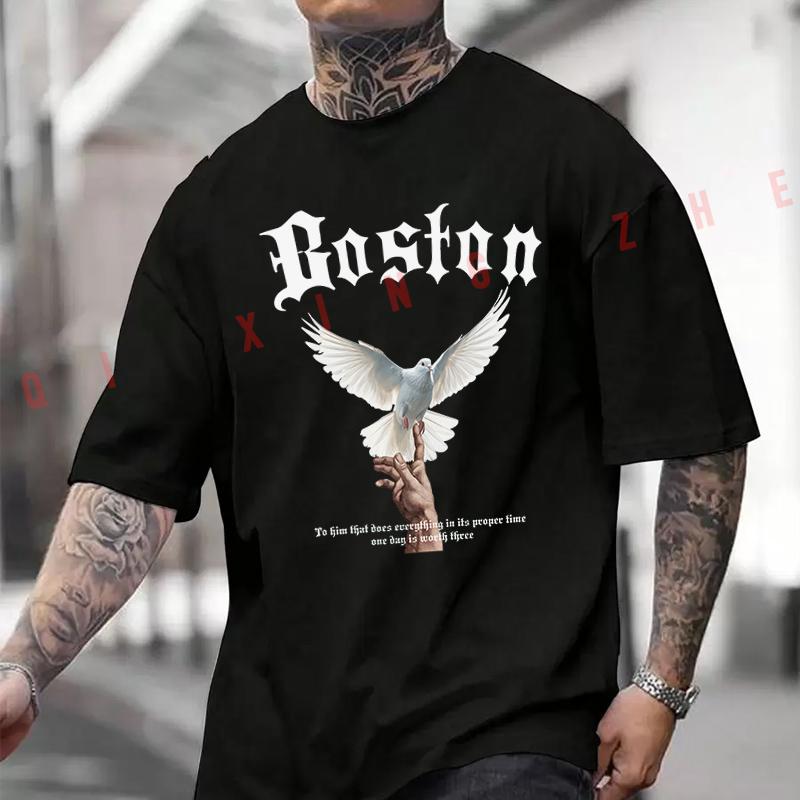 Boston Doves Print Motorcycle Printed T-Shirt Men's Fashion Short Sleeve Exquisite Design Essential Top Tees