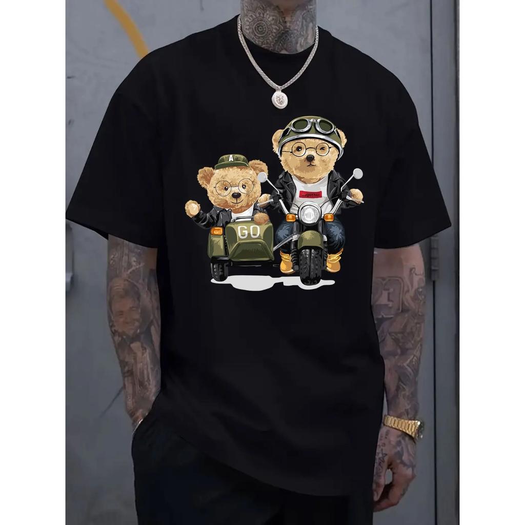 Summer 100 Cotton Fashionable Casual Sports Loose Cartoon Bear Pattern Printed Round Neck Short Sleeved Men's T-shirts