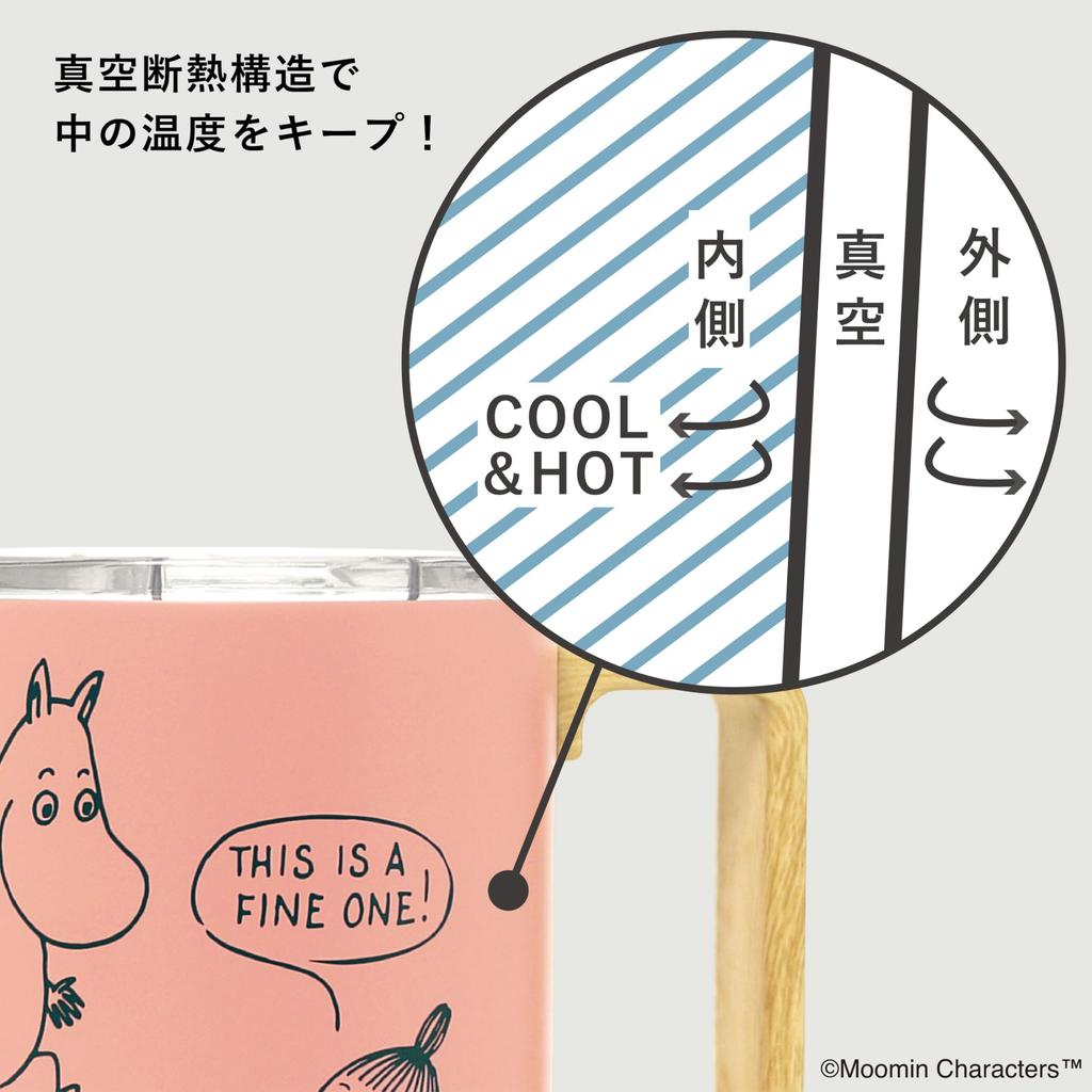 MOOMIN Stainless Steel Mug 350ml with Lid Wooden Handle Vacuum Dual Structure Boxed Gift Present (Pink)