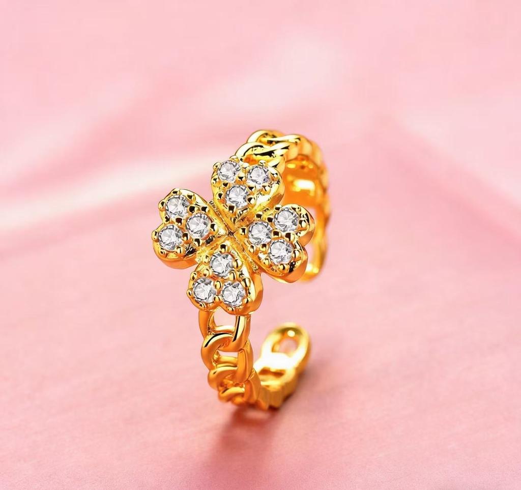 New Arrival Lucky Four-leaf Flower Zircon Ring for Women Flower Fashioneasiest for Matchclassy Sense Open Ring Four-leaf Clover Ring
