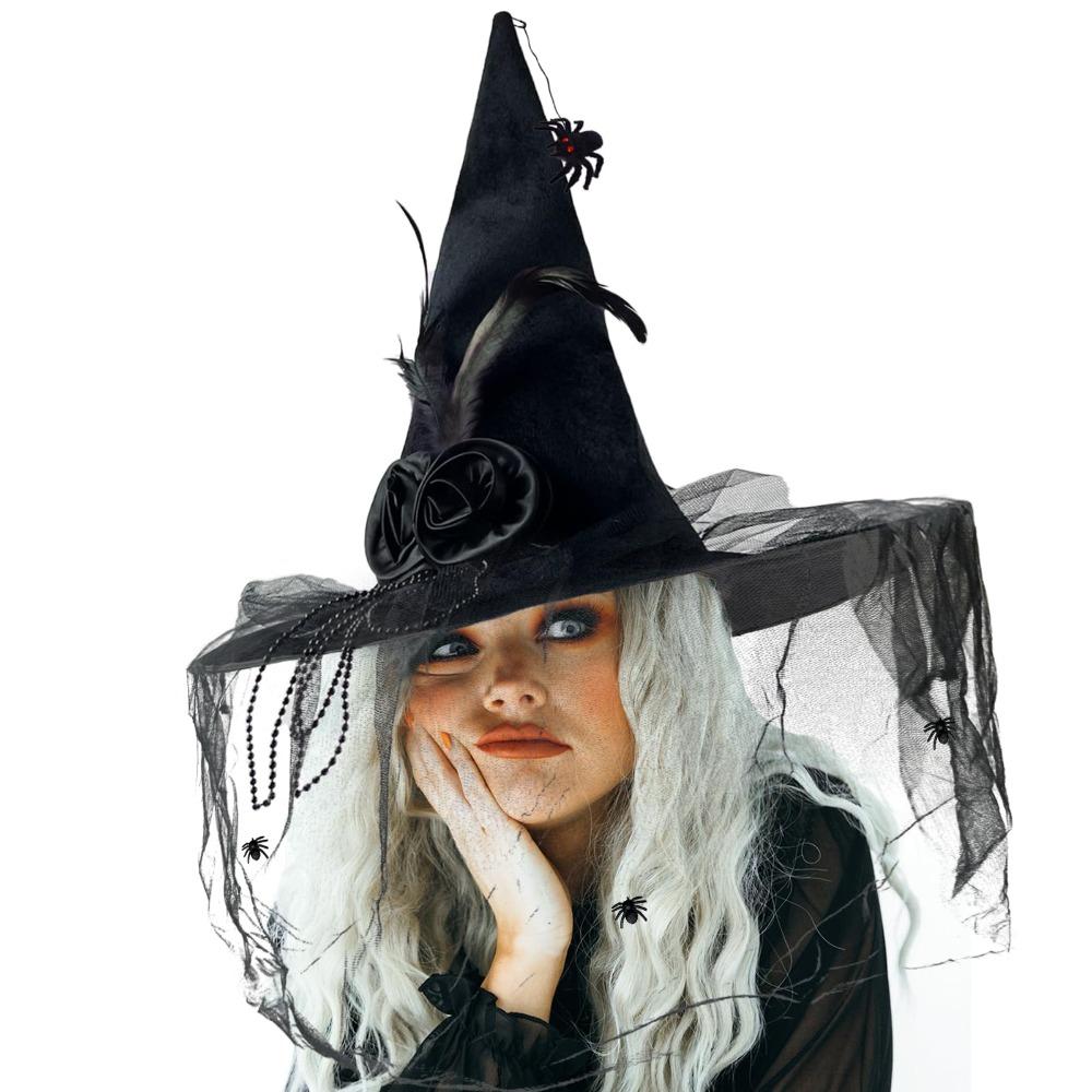 Black Spider Halloween Witch Hat With Black Veil Flower Feather Comfort Witch Costume Accessories Knit Pleated Wizard Hat