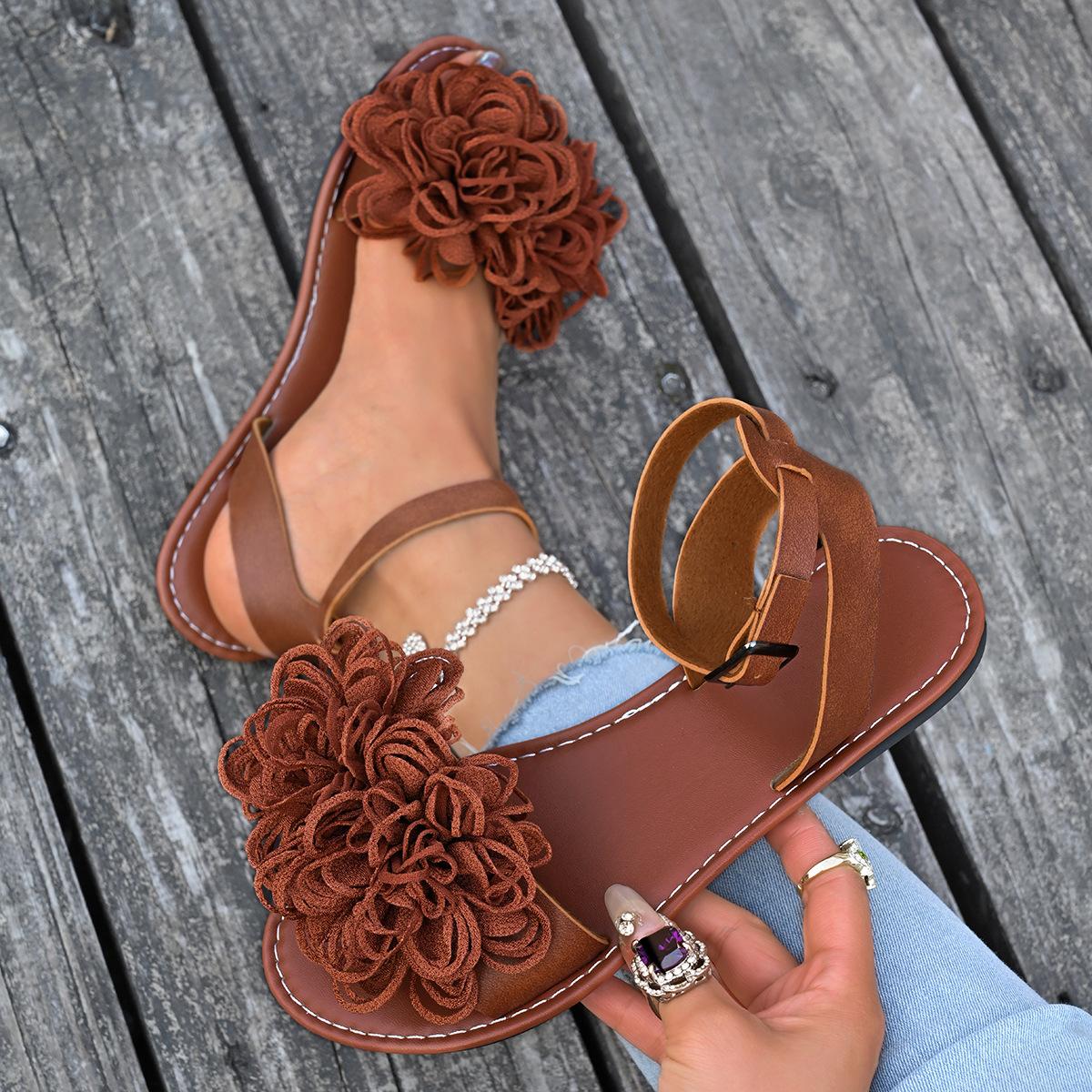 

Fashion Elegant Flower Flat Sandals for Women 2025 Summer New Voyeur Women Pump Silk Shallow Ankle Buckle Sandals Shoes for Women 36