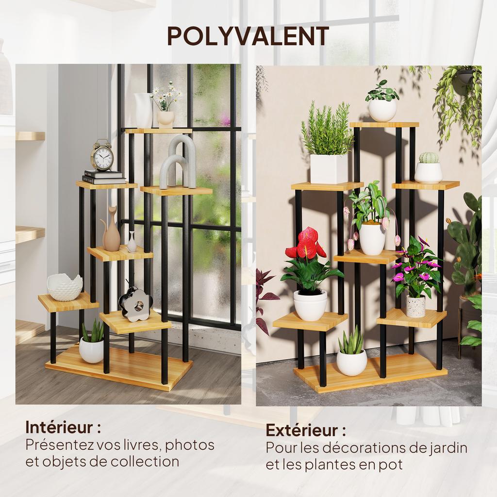7-Tier Plant Stand for Indoor and Outdoor, Plant Shelf In Steel and Wood, Natural Wood