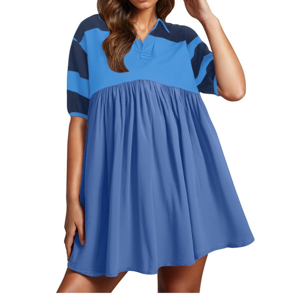 Women Babydoll Dress Striped Colorblock Pleated Oversized Short Sleeve Collar T-Shirt Dress