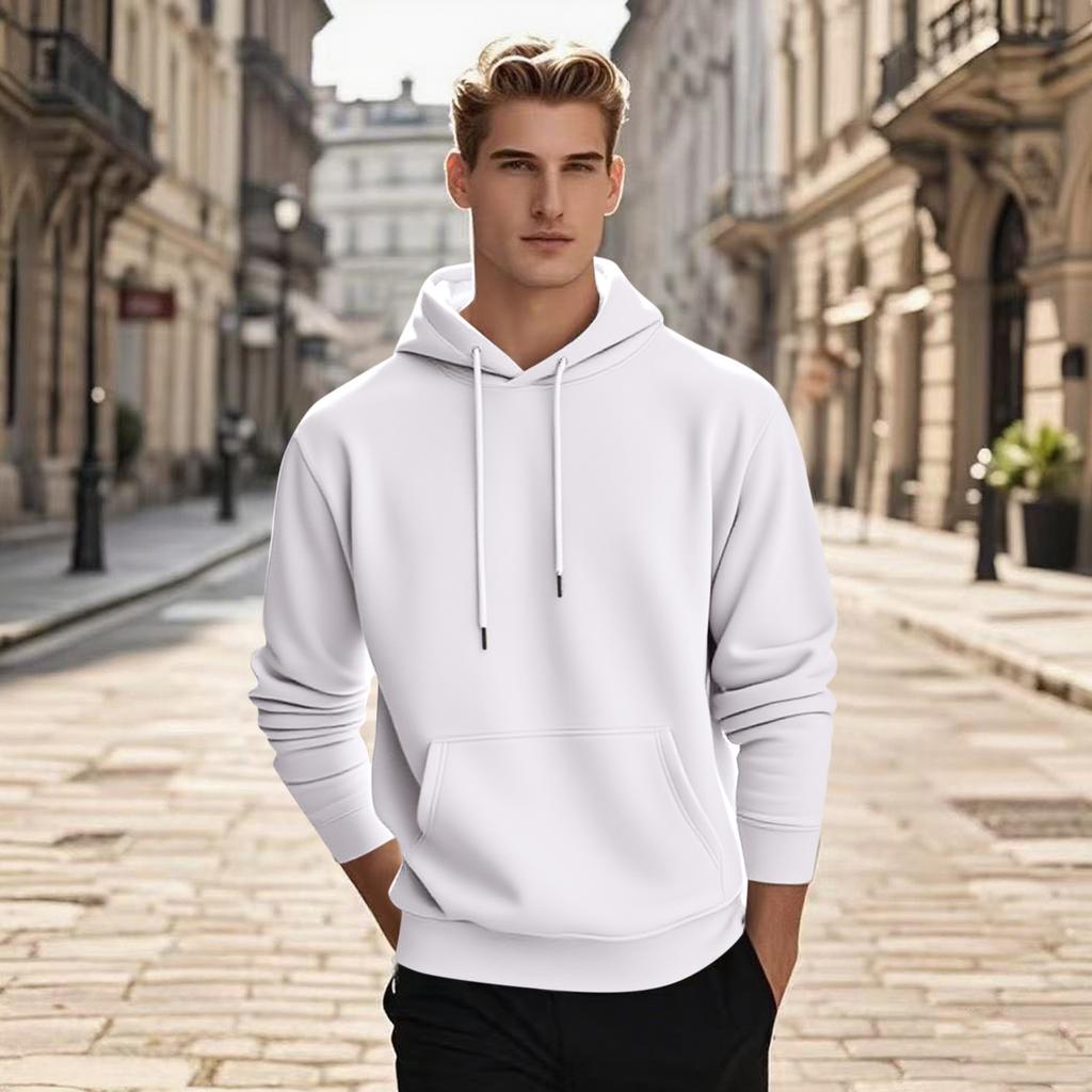 Men's Pullover Hooded Sweatshirt Solid Color Round Neck Loose Hoodie Long Sleeve Top
