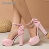 Peep Toe Back Bow Knot Women Platform Sandals Ankle Strap Chunky High Heel Sandal Pink Elegant Ladies Shoes Party Dress Footwear
