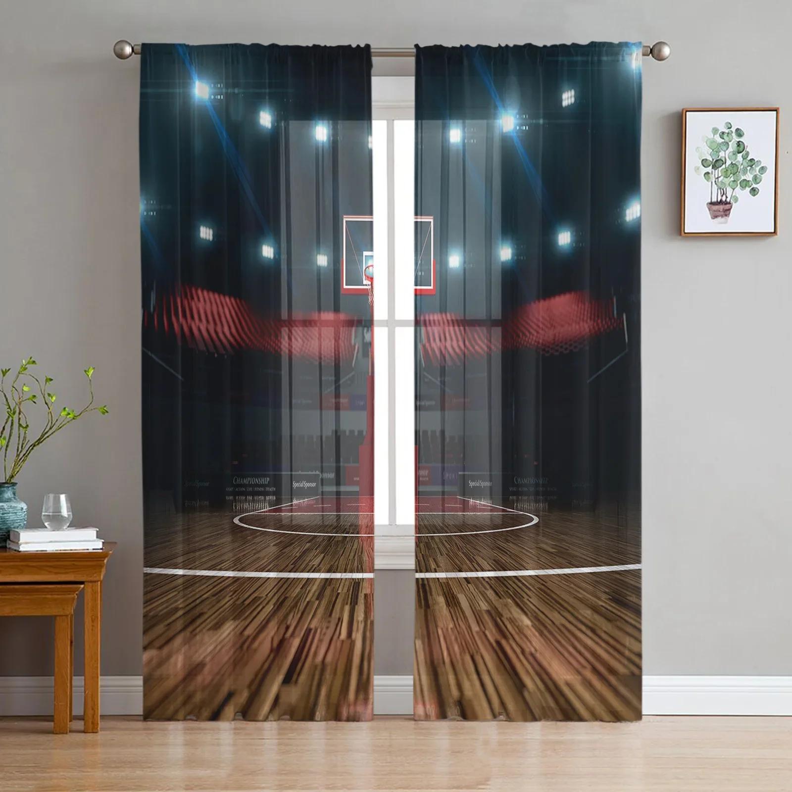 

Basketball Silhouette Sports Sheer Drapes Living Room Window Tulle Drapes For Bedroom Kitchen Home Decoration Sheer Fabric Drapes W135 x H115cm x1&Grommet Top