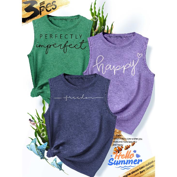 2026New Women's vest3Pieces Happy Freedom Perfectly Imperfect Text-printed Simple, Stylish, Casual, Versatile, Comfortable, Soft, Skin-friendly