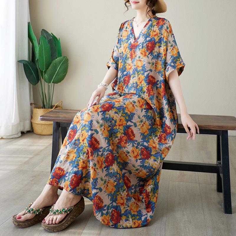 

Летнее платье с V-образным вырезом из хлопка и льна свободного кроя average size бордовый