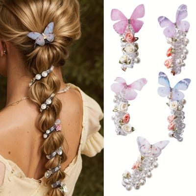 Schmetterlings-Haarspange mit floralen Akzenten und Perlendetail Spiral-Haargummi Elastisches Haarband für Damen Mädchen Haarstyling-Zubehör