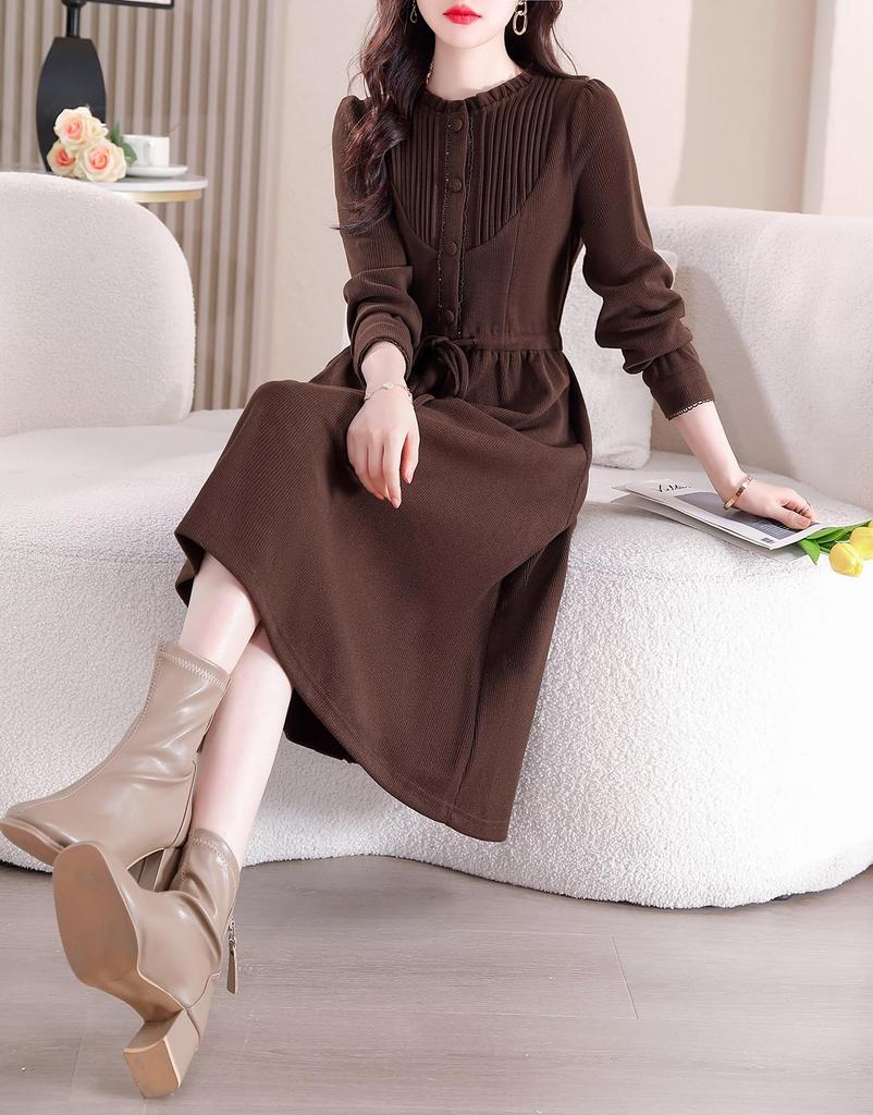 Chubikime Long Sleeve Dress with Ruffles and Crew Soft Corduroy Warm and Flattering for Fall and Perfect for Work or Casual Wear Women's Midi-Length