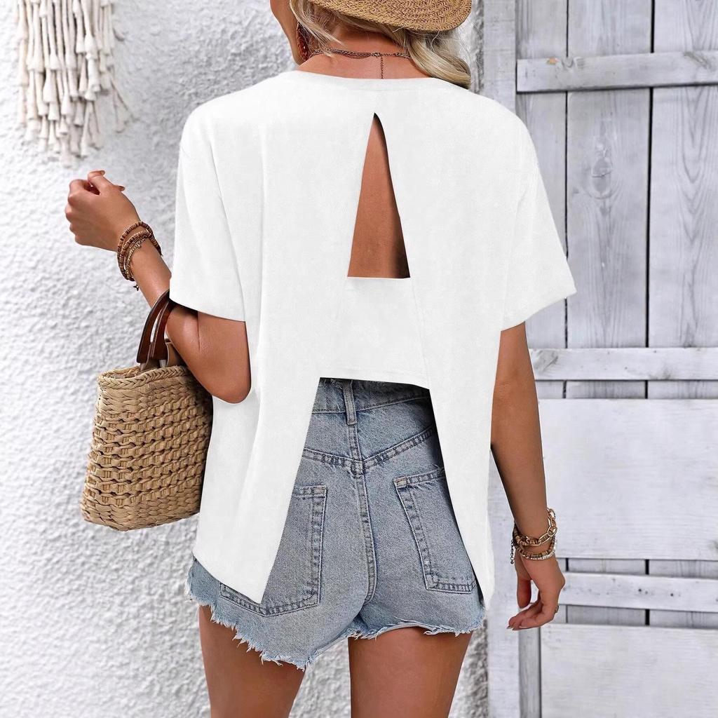 Women's Solid Color Round Neck Short Sleeve Casual T-shirt with Back Slit