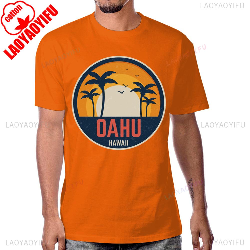 Coconut Tree Beach Sunset OAHU HAWAII Vintage Tshirt Summer Style Short Sleeve Man Tshirt Harajuku Breathe Comfort Cotton Tees