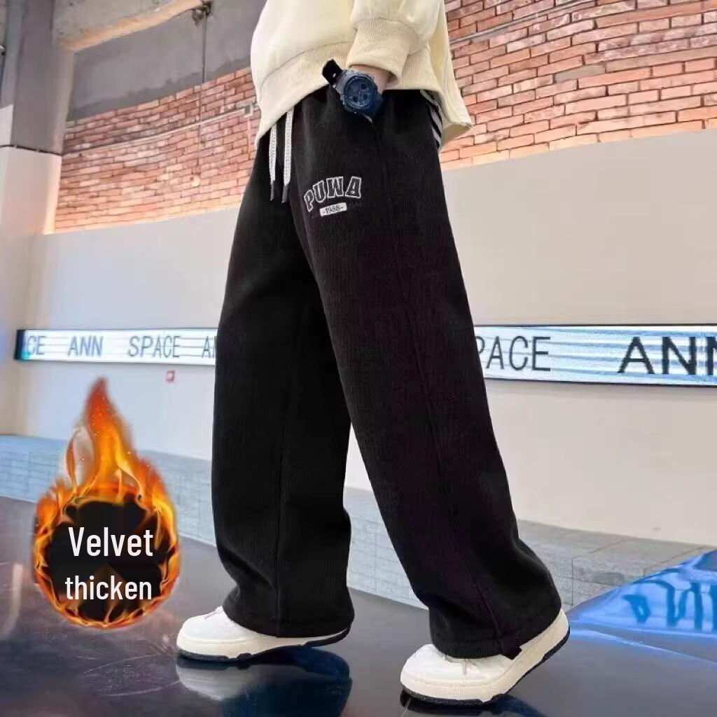Teen Boys' Thick Velvet Straight-Leg Sports Pants for Autumn & Winter