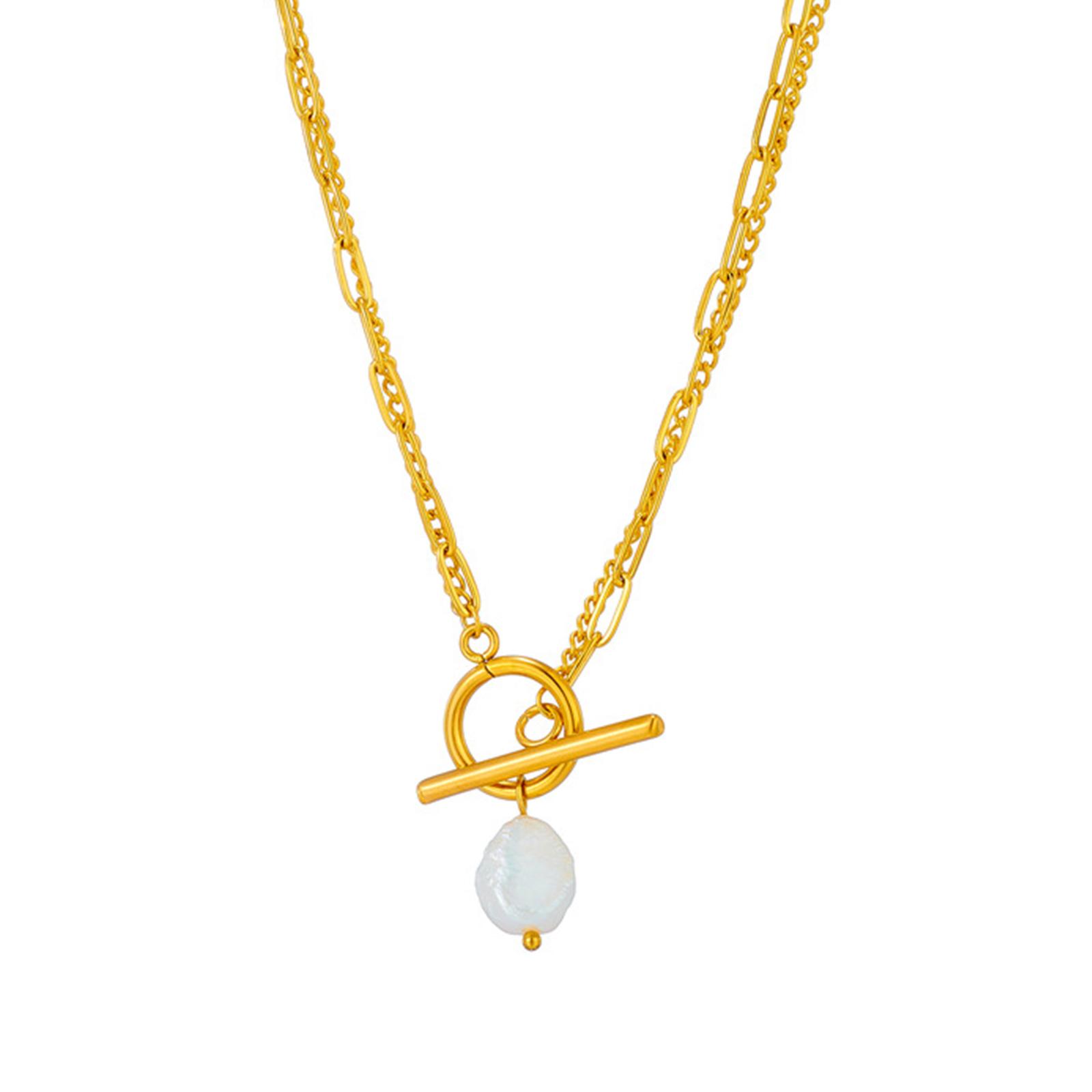 

Elegant Baroque Freshwater Pearl Pendant Necklace Double Chain Design Stainless Steel Jewelry Gift For Women