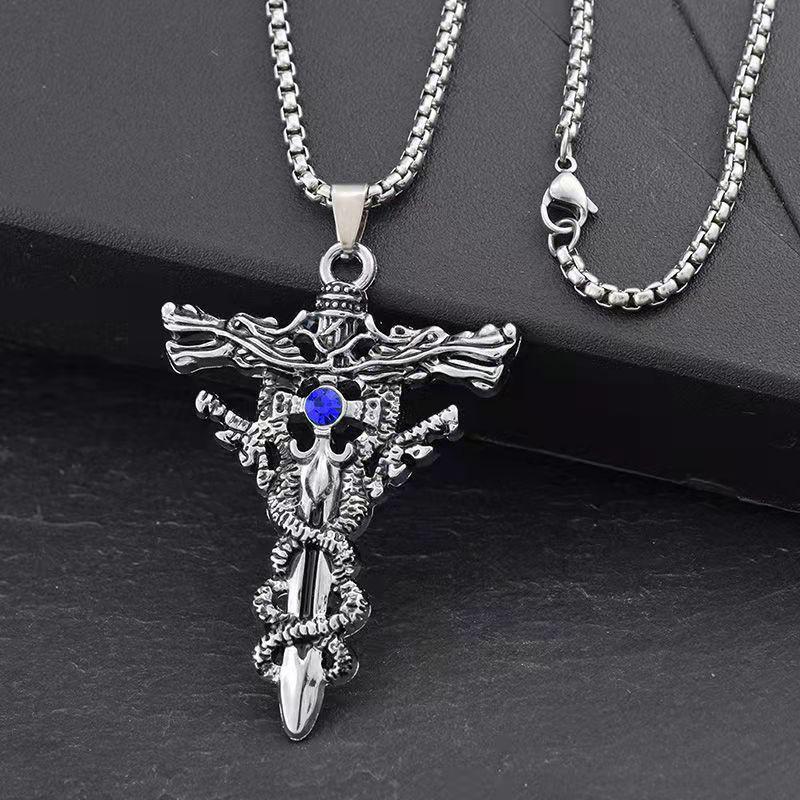 Punk Titanium Steel Necklace For Men Alloy Double Dragon Sword Pendant Choker Vintage Evil Eye Cross Jewelry Gift