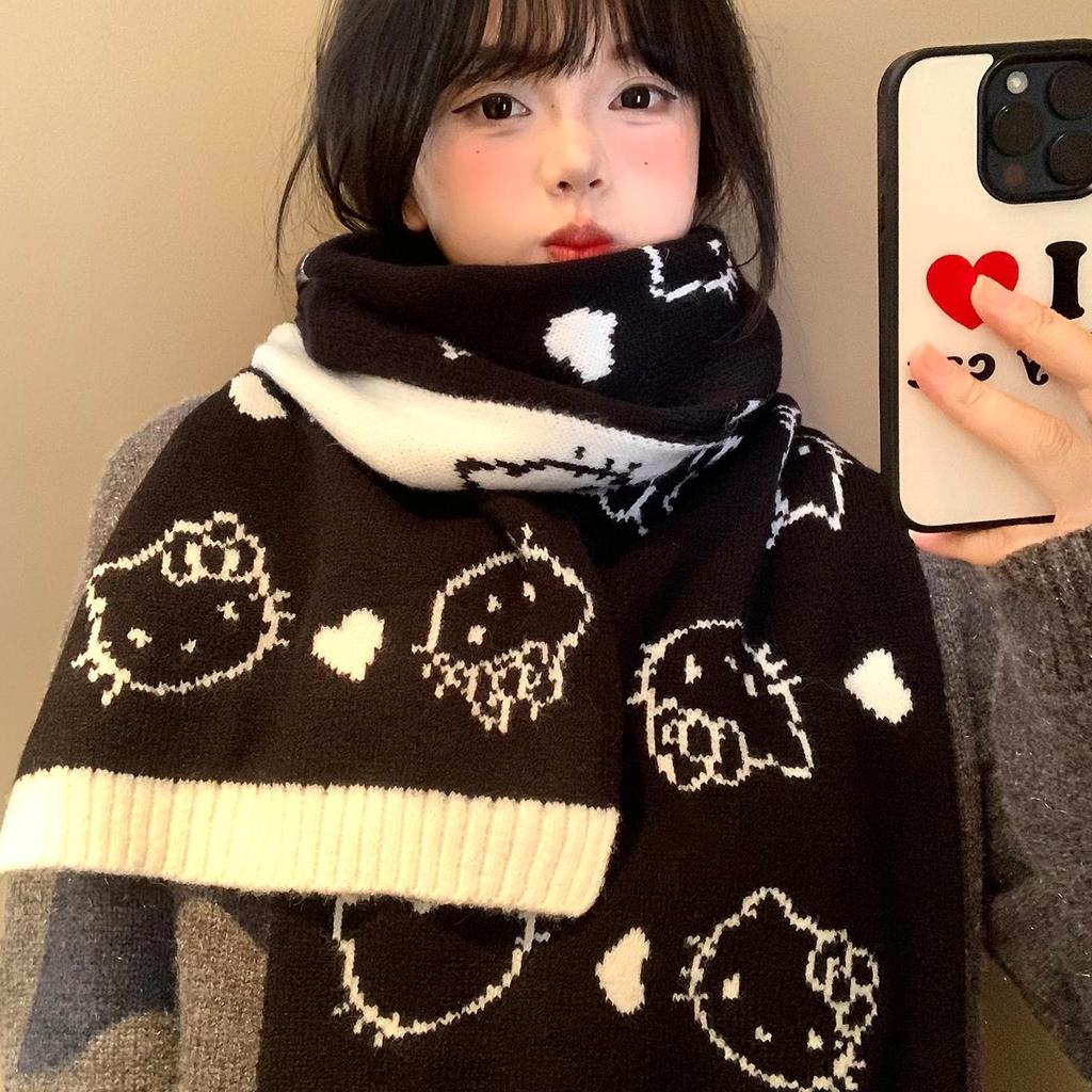 Cute Kitty Double-Sided Knit Scarf for Women: Warm, Thick Neck Protector for Autumn/Winter