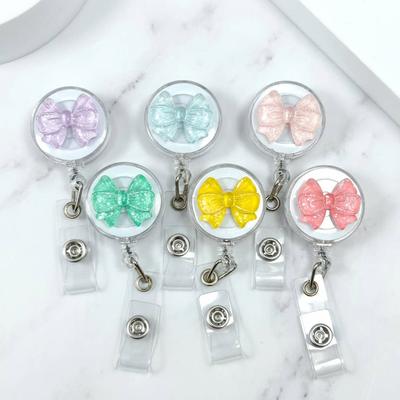Fashion Bow Badge Reel Clear Acrylic Retractable ID Card Holder Clip For Hospital Office Staff Women