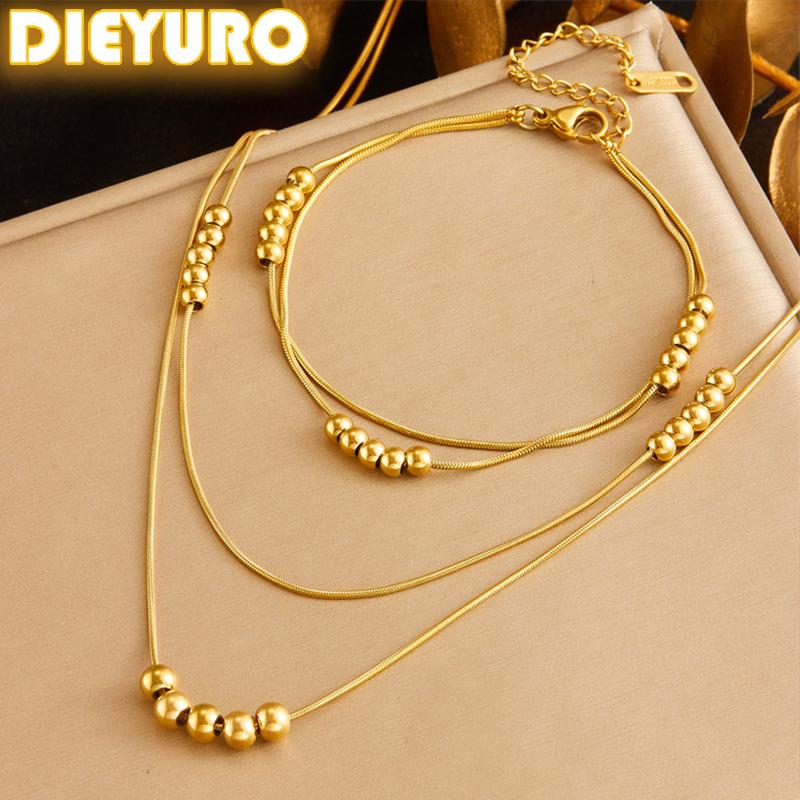 DIEYURO 316L Stainless Steel Golden Round Beads Double-layer Necklace Bracelet Suit Womens New TrendNon-fadingjewelry Set