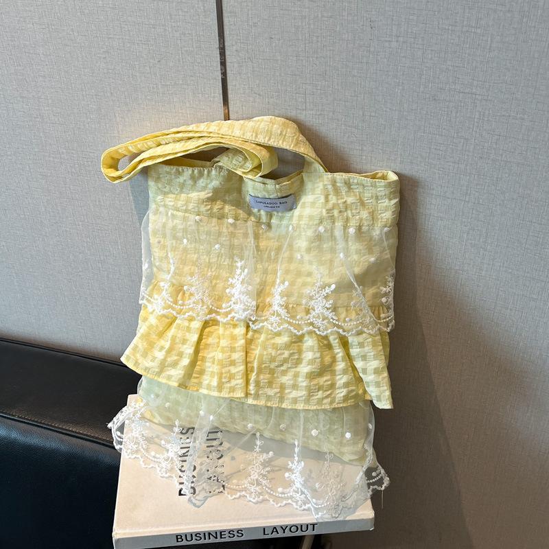 Vintage Mori Women's Style Heavy Industry Lace Splicing Cotton and Linen Shoulder Bag 25 Summer Handbag Bag Large Capacity Handbag
