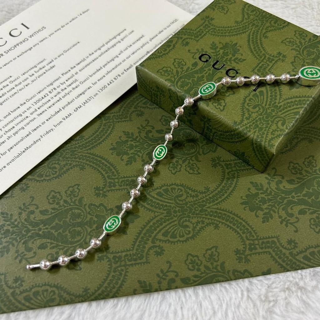 Green Enamel Double G 925 Sterling Silver Bracelet - Trendy and Elegant Design