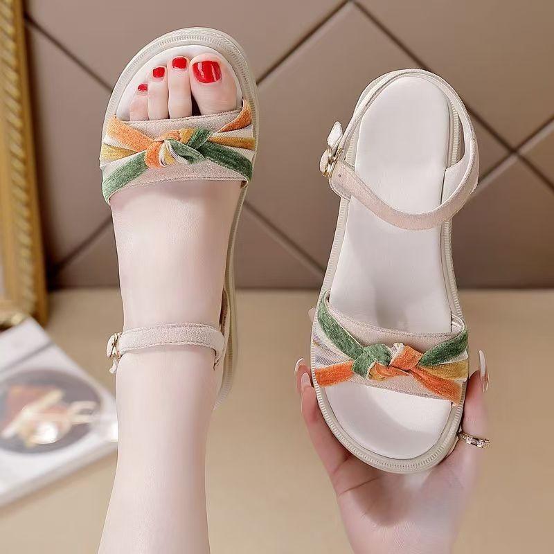 Thick-soled Women's Shoes Color-blocked Sandals for Women's Summer New Korean Style Knitted Bow Buckle Sandals for Women