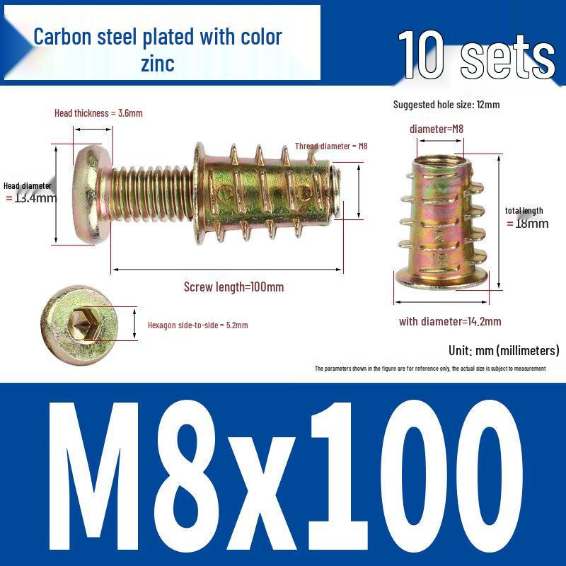 Flat Head Hex Socket Screws & Pre-embedded Nut Set for Wooden Bed Connectors