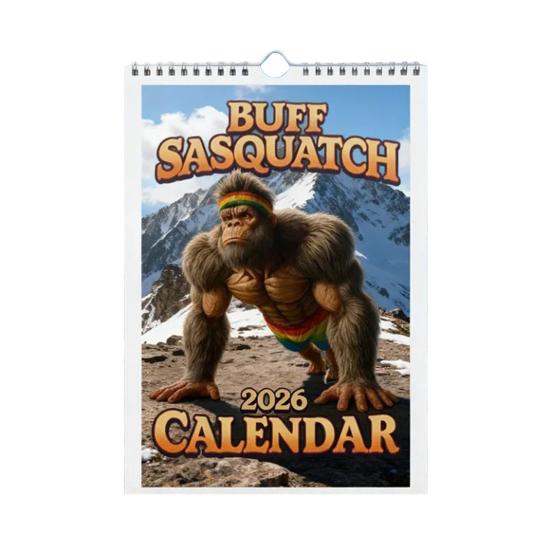 Nástěnný kalendář 2026 Vtipný fitness kalendář Sasquatch 12měsíční kalendář Humorný dárkový předmět s tématikou posilovny pro muže, fanoušky kryptidů, milovníky fitness
