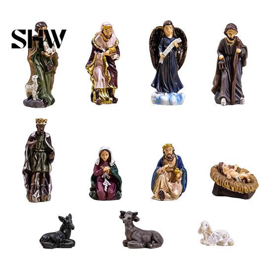 Manger Scene Accessories 11 Pcs Christmas Nativity Set, Resin Mini Figurines Tabletop Decor, Decorations Holy Family Angel Shepherd Animals