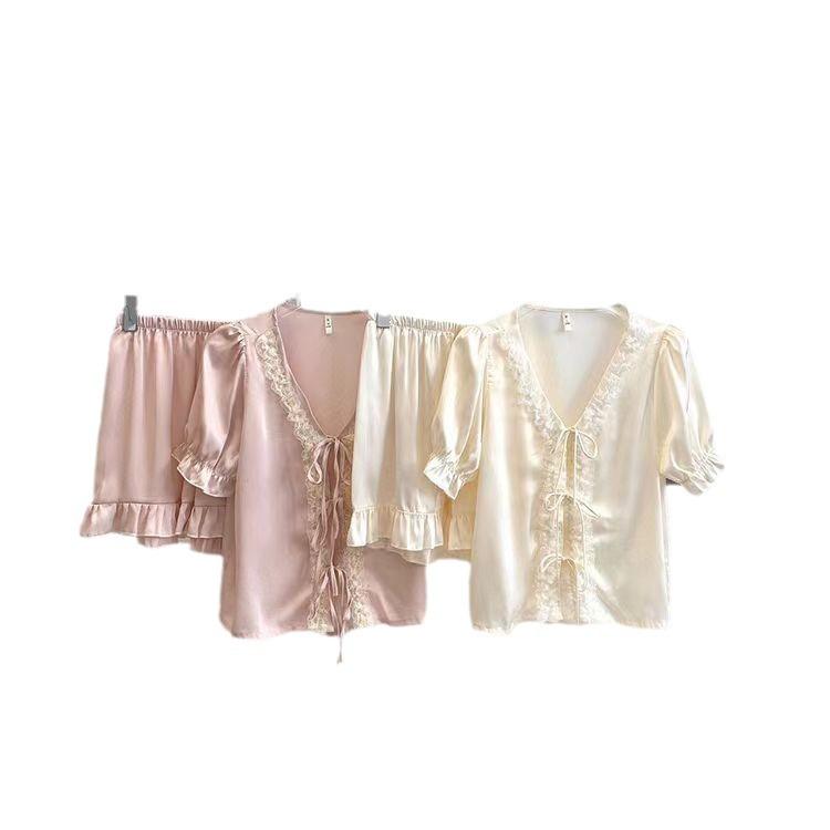 New pajamas women's ice silk bow pure desire wind lace-up short-sleeved shorts silk loungewear suit outer wear