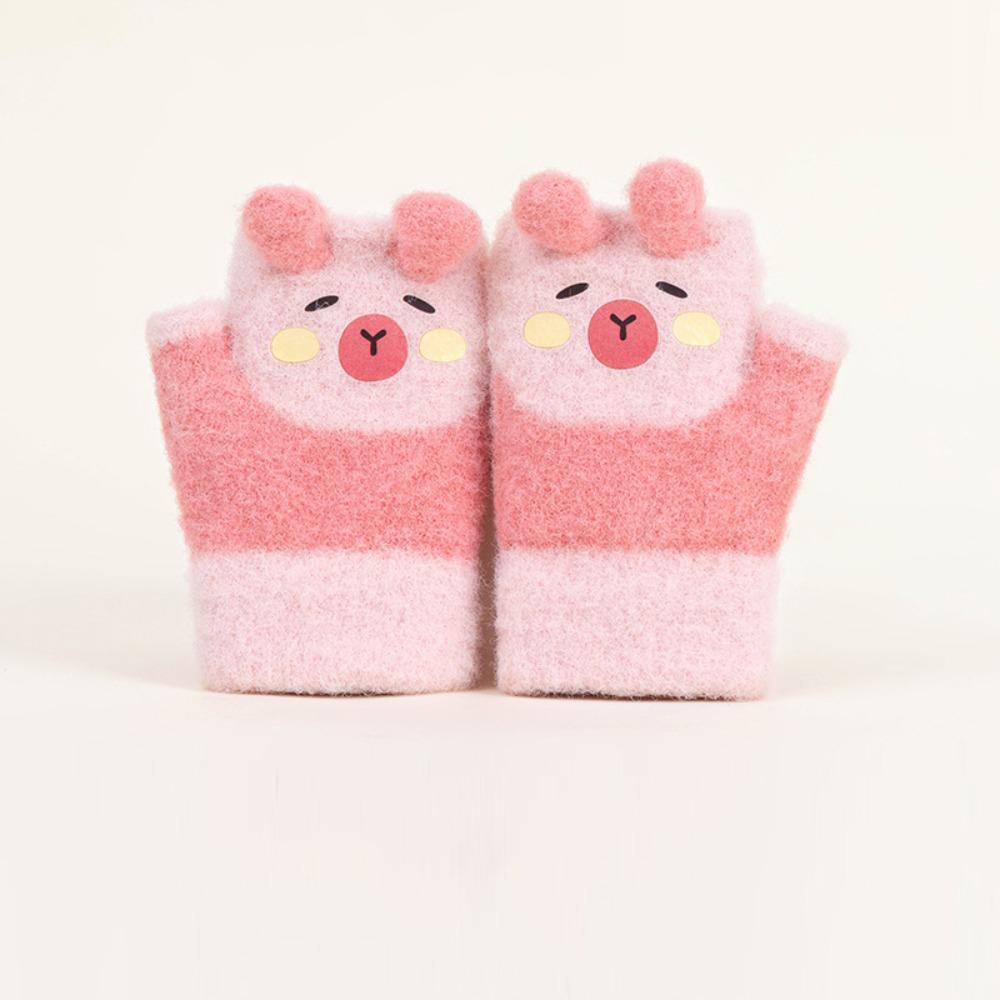 0-3 Years Old Capybara Winter Flip Gloves Thickened Kids Knitted Mitten Half Finger Gloves  School
