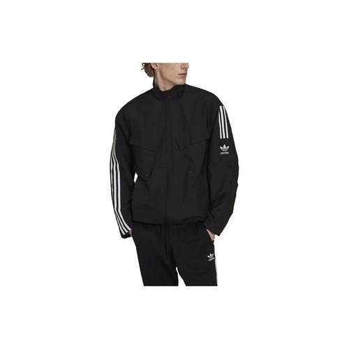 adidas Striped Logo Print Zip-Up Workwear Stand Collar Jacket for Men, Black