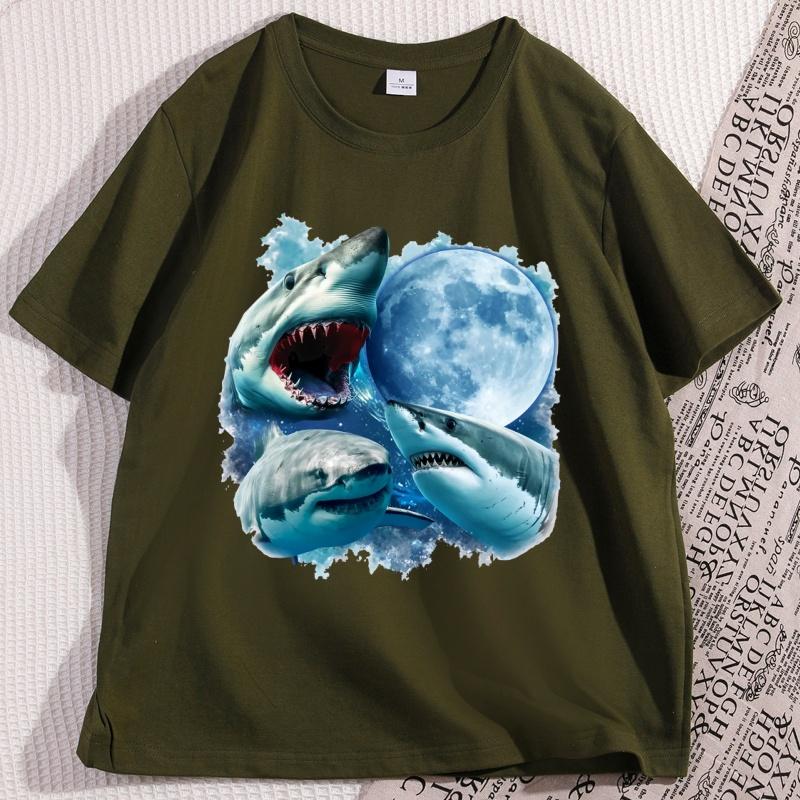 Sharks and Moon Vintage Graphic Tshirts Casual Shark Tshirt Shark Ocean Lovers Tees Funny Graphic Tee Cotton Short Sleeve Tops