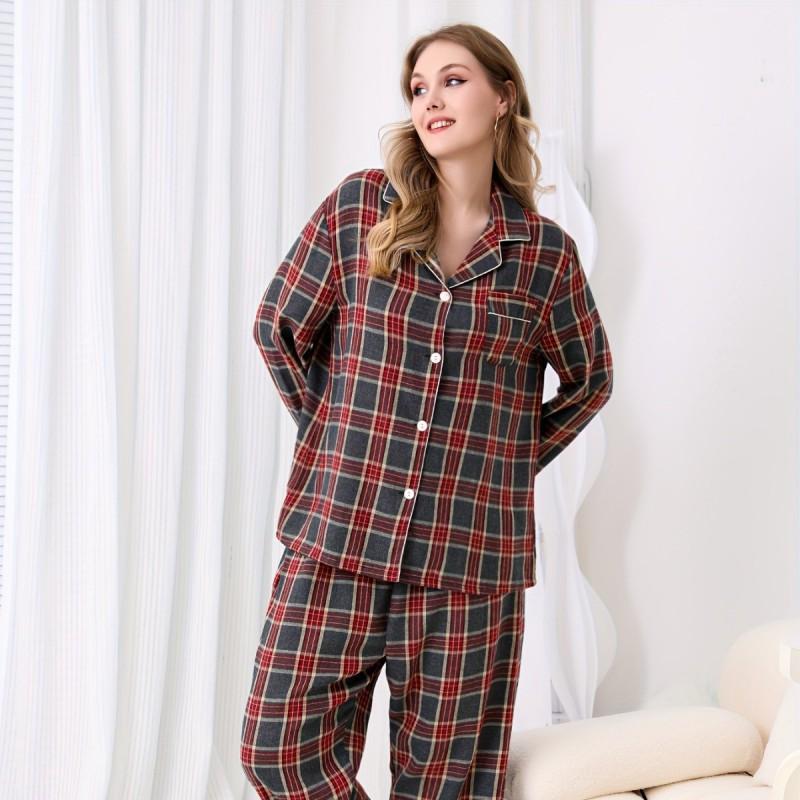Plus Size Womens Winter Long Sleeve Pajama Set With Gray Red Plaid Comfortable Home Loungewear