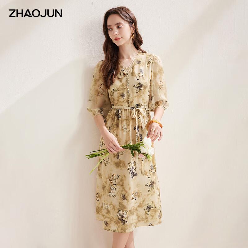 

Zhaojun 2026 Spring Summer Retro Silk 3/4 Sleeve Floral Dress L