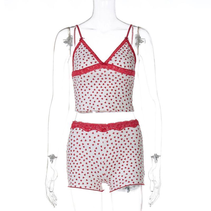 

European and American Women s Clothing 2025 Summer New Fashion Backless Floral Camisole Silm Shorts Suit Red S