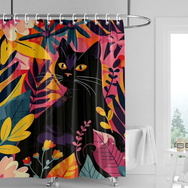 Cartoon cat waterproof shower curtain home decoration bathroom partition shower curtain 180x 200cm with 12 hooks
