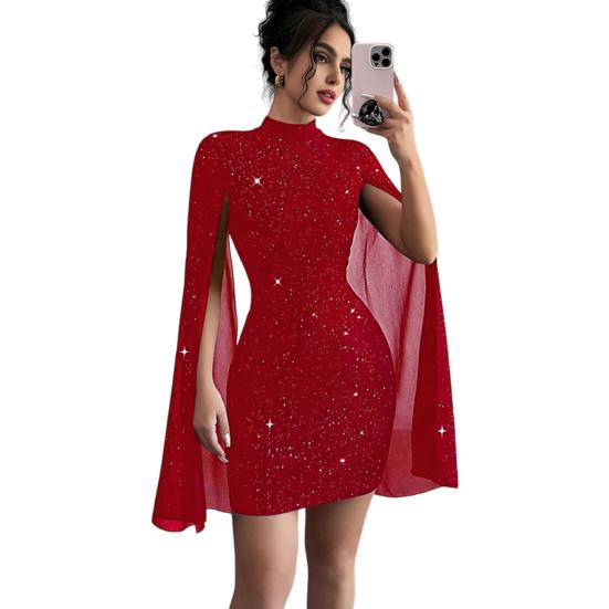 Women's Glitter Cloak Sleeve Mini Dress Sexy Mock Neck Cocktail Party Dress Going Out Wedding Guest Dress