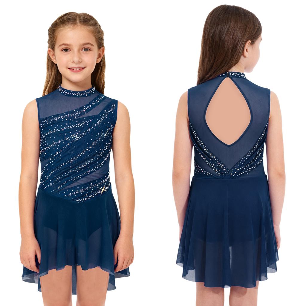 Barnklänning för dans, ärmlös, med genomskinligt nät och strass, öppen rygg, rynkad, hög-låg fåll, kostym för lyrisk uppvisning