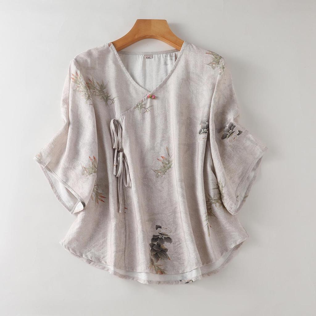 Chinese Style Tencel Cotton Short-Sleeved Top: Soft, Comfortable, and Breathable Pajamas for Middle-Aged and Elderly Women