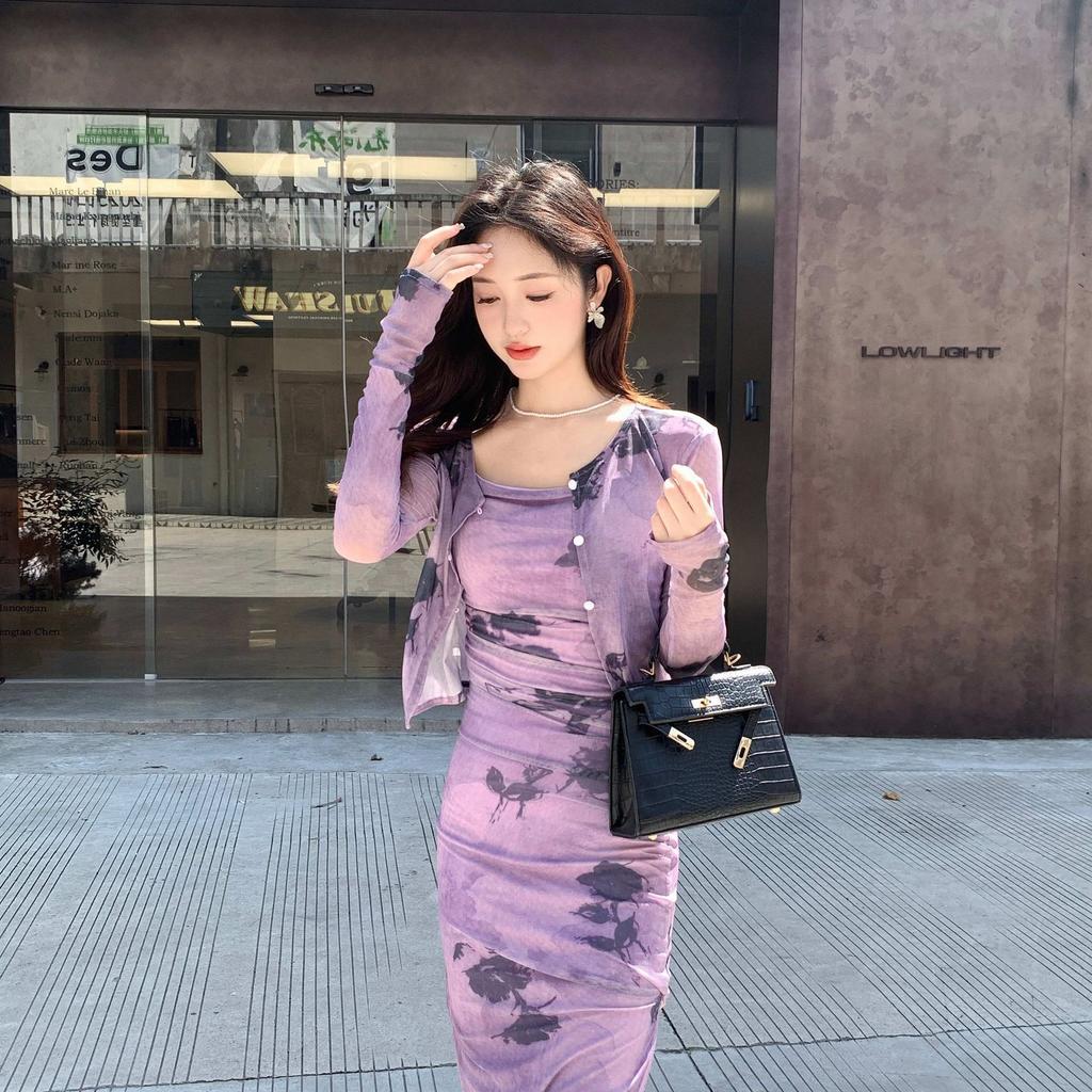 New Chinese spring dress French retro purple ink suspender skirt two-piece set high-end temperament slim dress tide